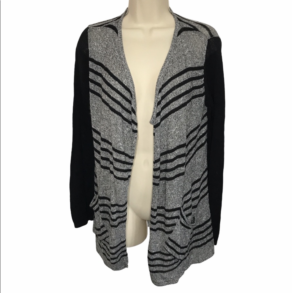 Chico’s Cardigan Sweater Size 0 / Small Gray Black Knit Striped Open Drapey
